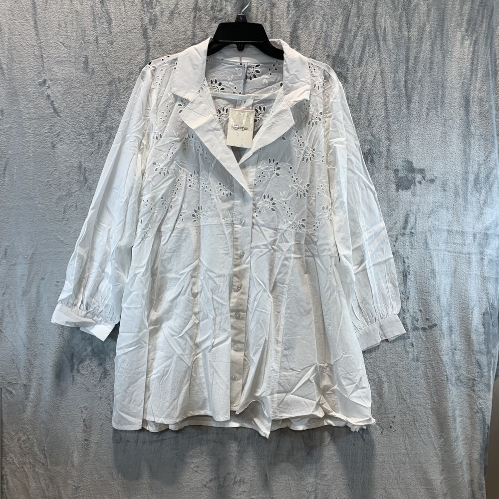 Raviya Women's Swimsuit Cover Up 0X Plus White Eyelet‎ Long Sleeve Button Up